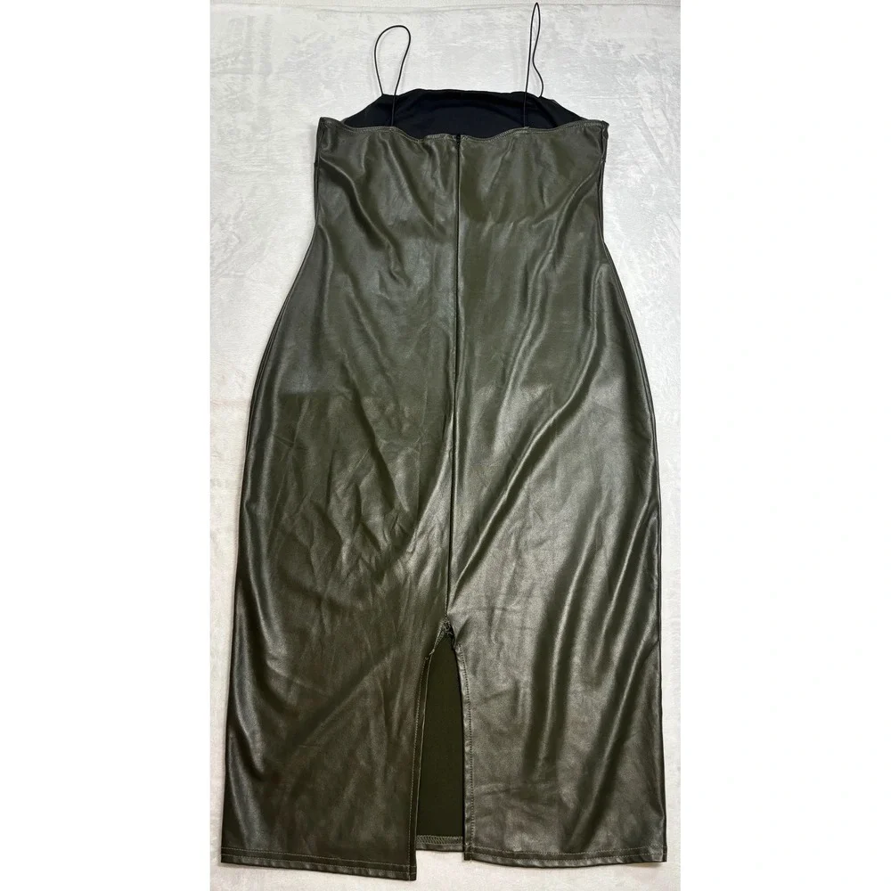 Boohoo Faux Leather Midi Dress Womens Olive Green Good Condition Bodycon Size 10